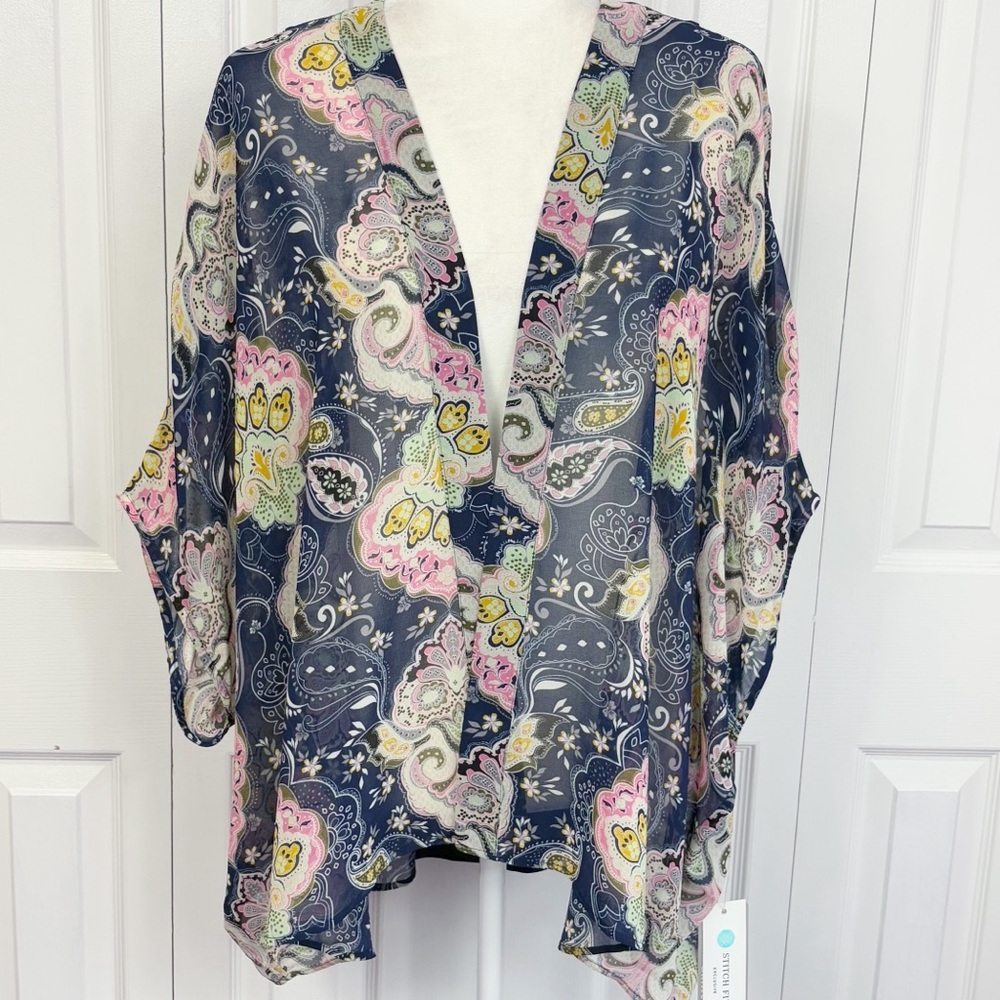 NWT Daniel Rainn Navy Multi Paisley Sheer Halvy Mixed Media Kimono Top